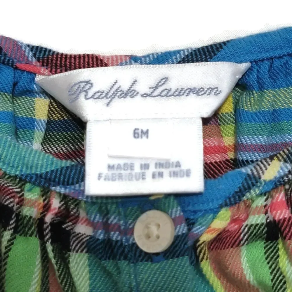 Ralph Lauren Baby Girl Madres Plaid Smock Blue and Green Top Size 6 Months